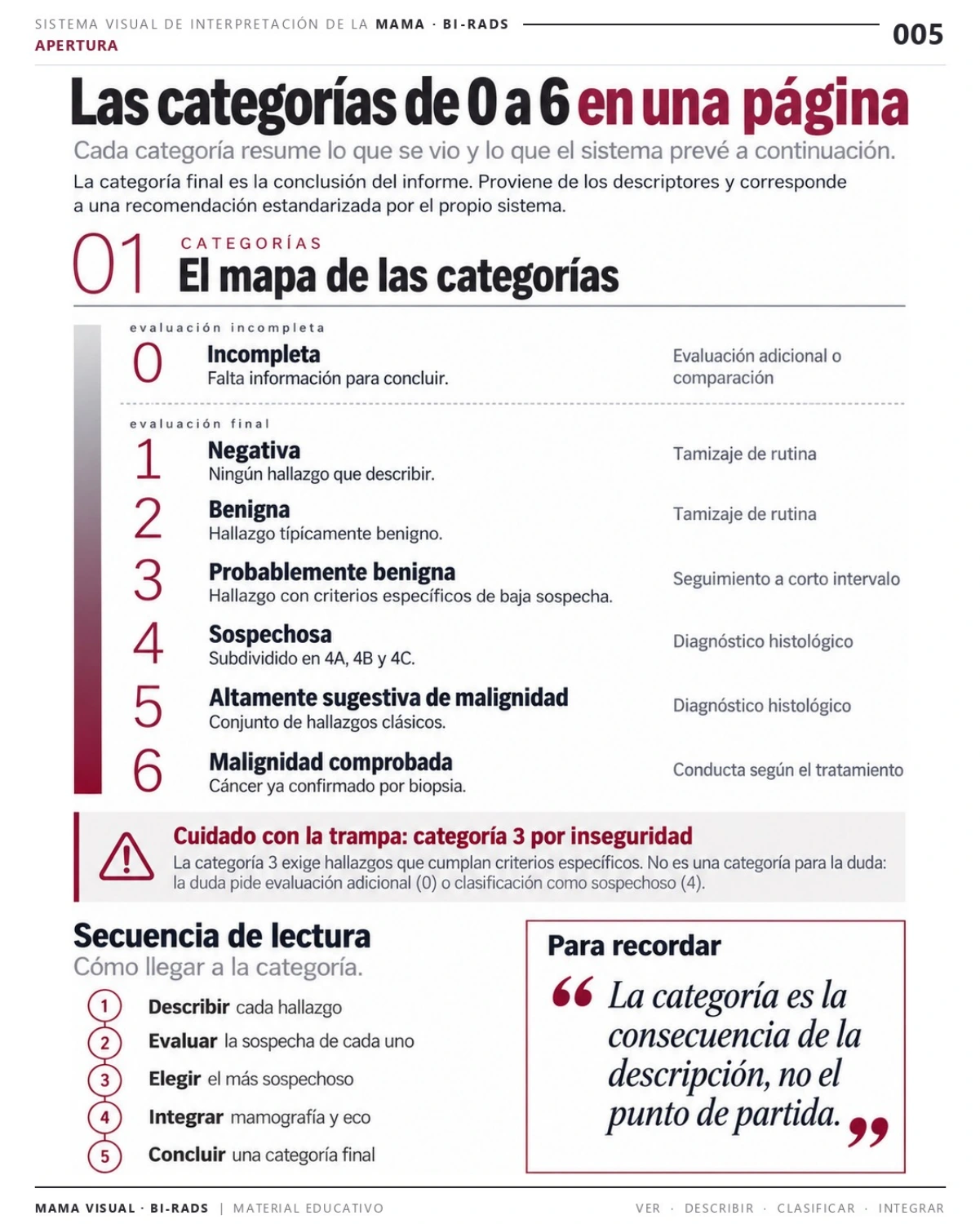 Página 5: Las categorías de 0 a 6 en una página. Vista previa del PDF Mama Visual BI-RADS; imágenes didácticas simuladas.